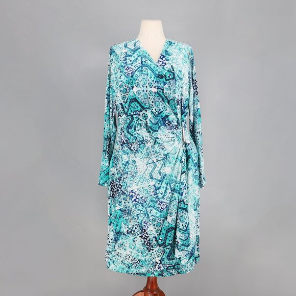 NWT CALVIN KLEIN Faux Wrap Stretch Sheath Dress Printed Blue Multi Size 20W - Picture 2 of 10